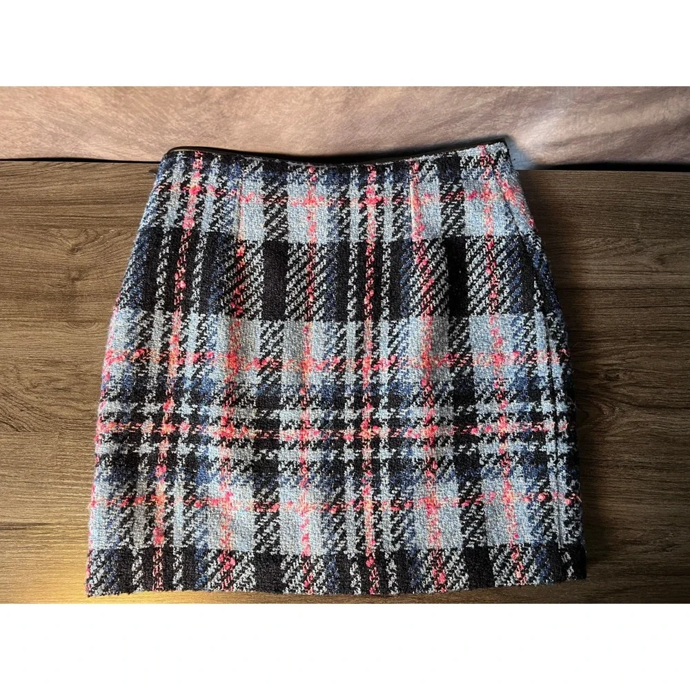 Orsay Tweed Plaid Mini Skirt Blue Pink Black Faux Leather Trim Size EUR 36 US 4 - Picture 6 of 9